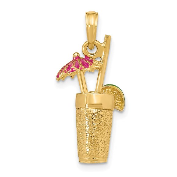 14k Yellow Gold 3-D Cocktail Drink Fuschia Enamel Umbrella & Lime Charm Pendant